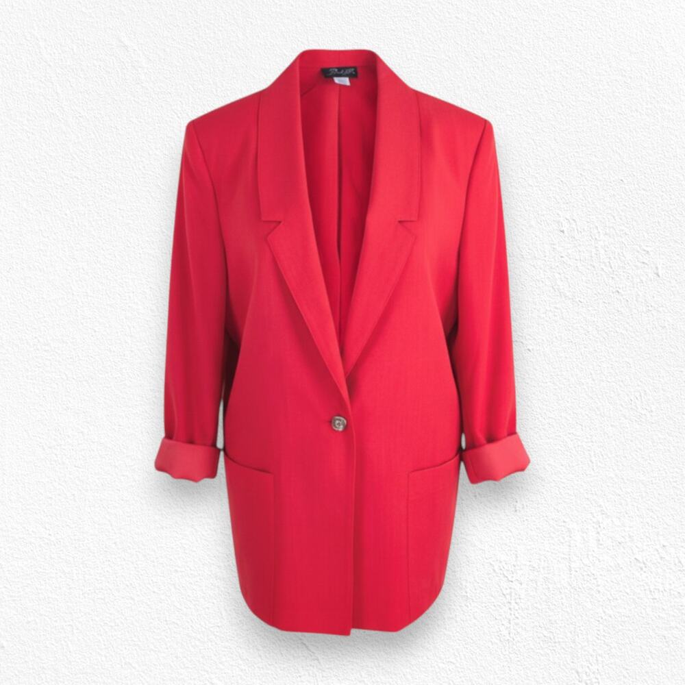 1980s Vintage Red Oversized Single Button Power Suit Jacket Blazer Size 14